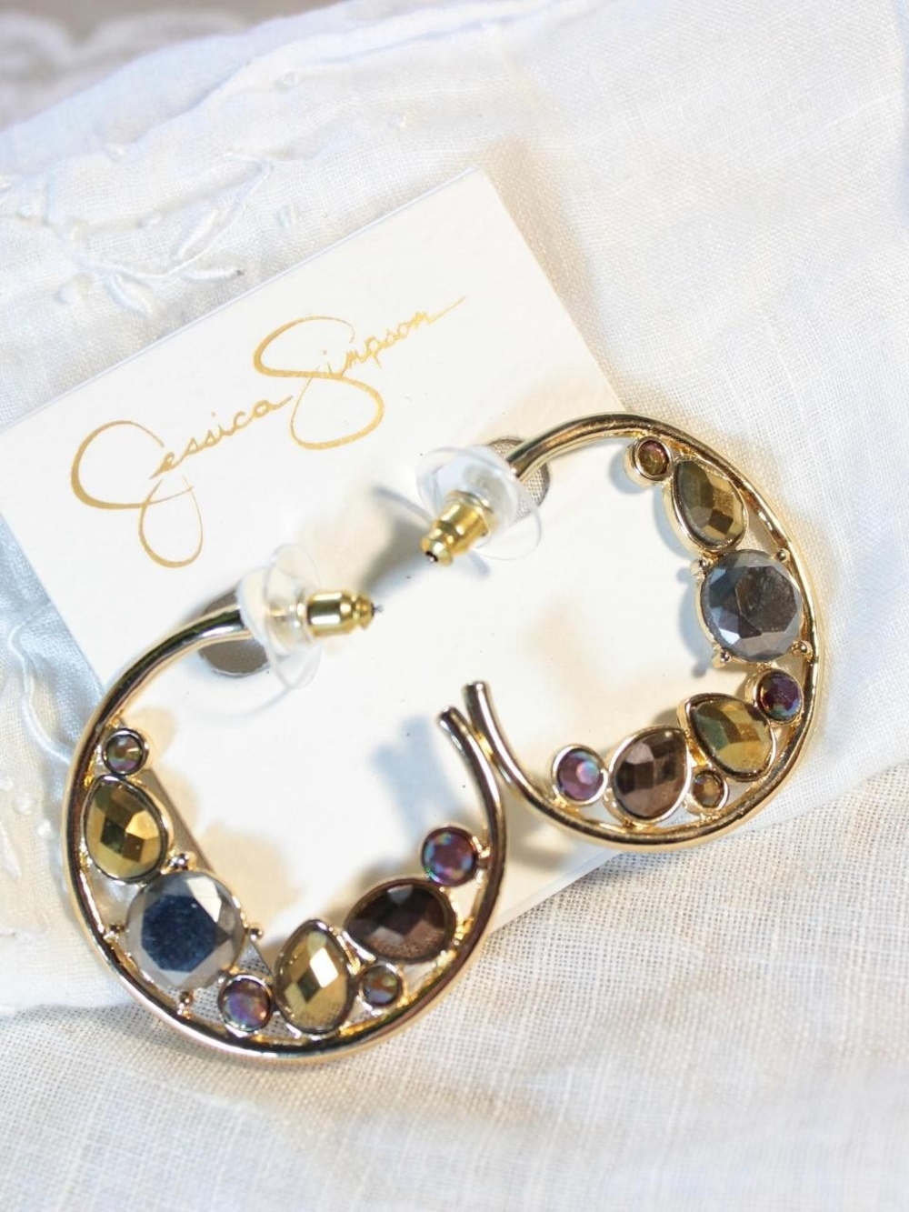 Jessica Simpson Gold Hoop Earrings with Multicolored Faceted Stones